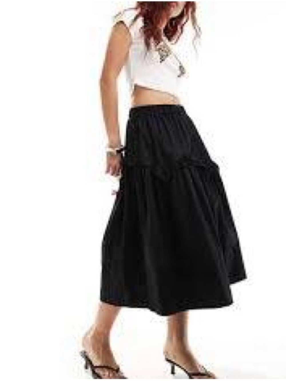 Women's Black Tiered Midi Skirt with Elastic Waist